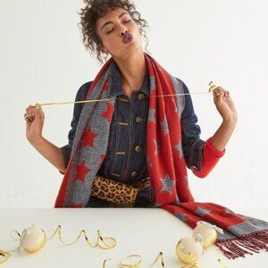 CAbi Reversible "Vega" Blanket Scarf - Black & White Check with Red Stars